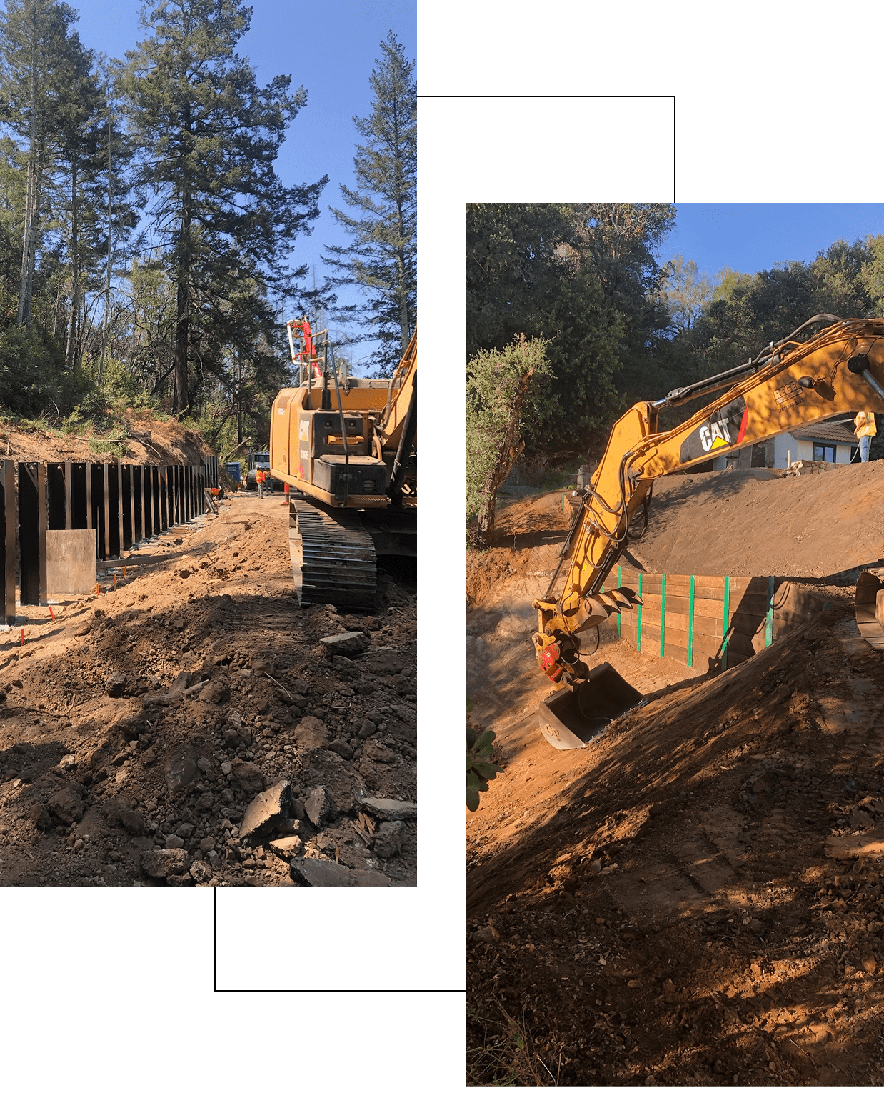 Group 28 (1) Excavator digging at a construction site with soil and wooden piles.
